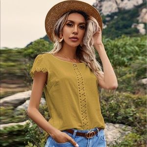 MUSTARD CONTRAST LACE CAP SLEEVE BLOUSE